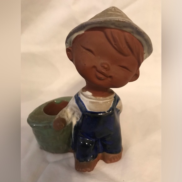 Vintage UCTCI Japan Stoneware Pottery Candle Holders - Boy & Girl Farmers - Picture 7 of 8